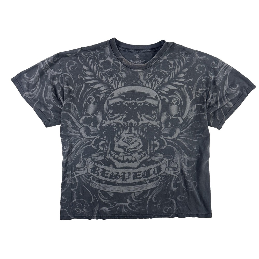 MMA Elite Shirt Mens XL Gray Respect Allover Skull Graphic Gothic Tattoo Tee
